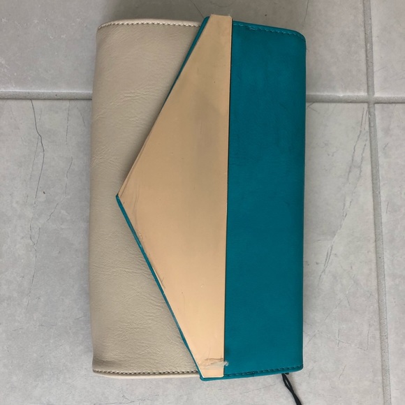 NWT - Turquoise Suede and beige Leather (w/gold) Clutch - Picture 1 of 4